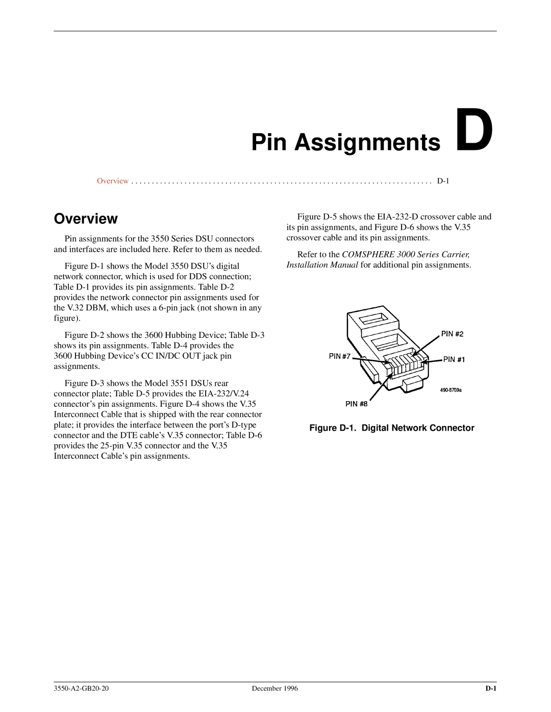 Paradyne 3551 manual Pin Assignments D, Figure D-1. Digital Network Connector 