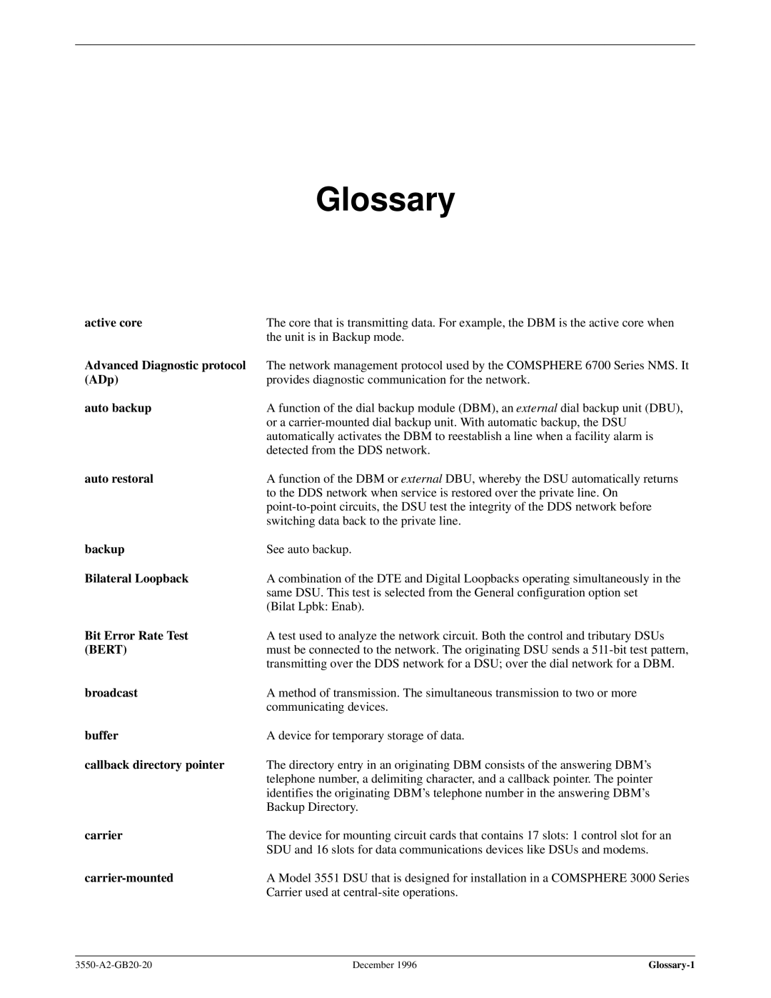 Paradyne 3551 manual Glossary, Active core 