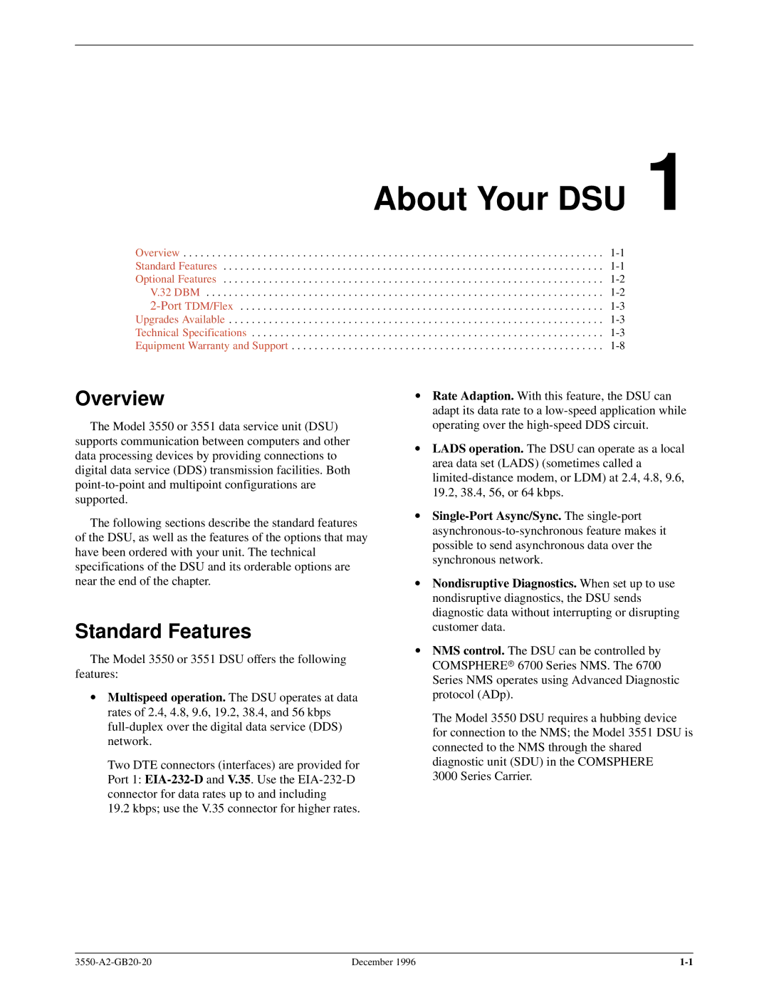 Paradyne 3551 manual About Your DSU, Overview, Standard Features 