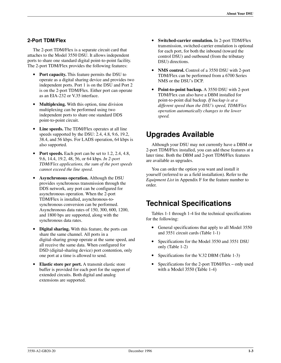 Paradyne 3551 manual Upgrades Available, Technical Specifications, Port TDM/Flex 