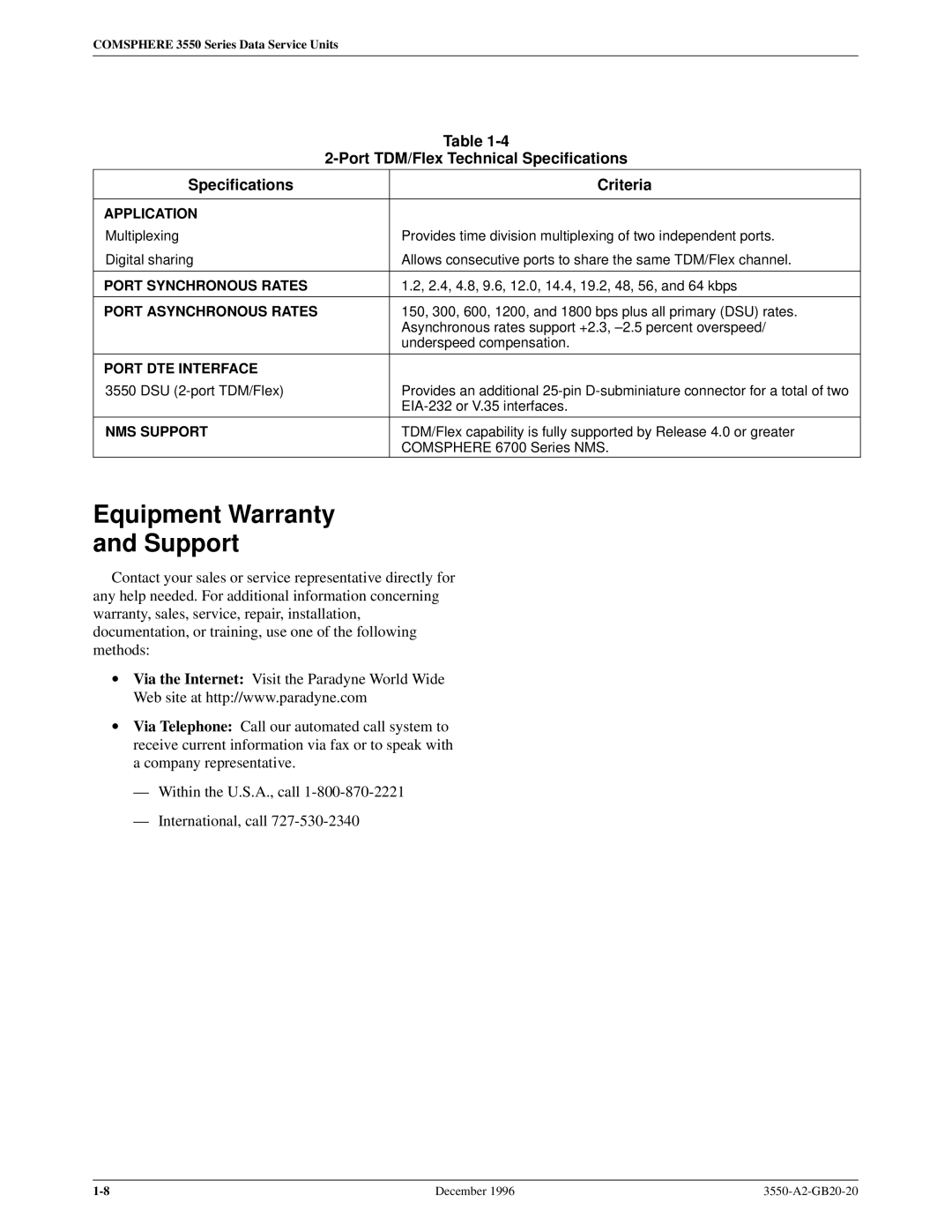 Paradyne 3551 manual Equipment Warranty Support, Port TDM/Flex Technical Specifications 