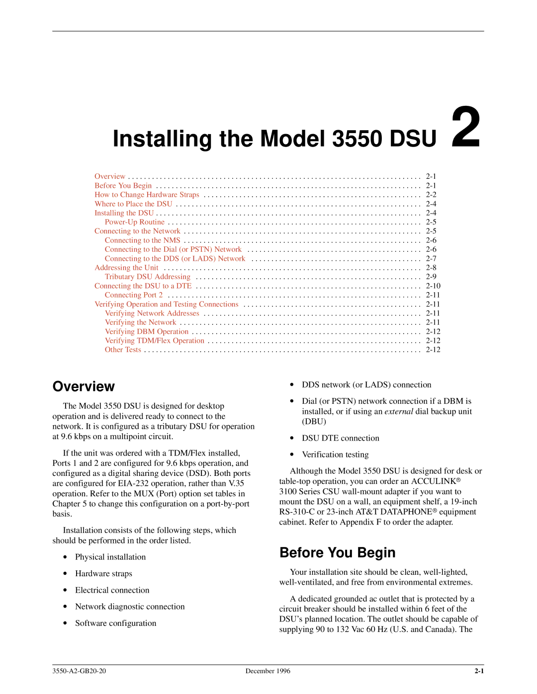 Paradyne 3551 manual Installing the Model 3550 DSU, Before You Begin 