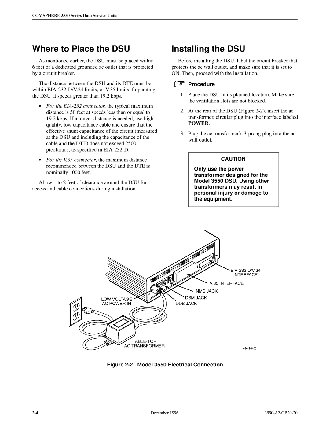 Paradyne 3551 manual Where to Place the DSU, Installing the DSU 