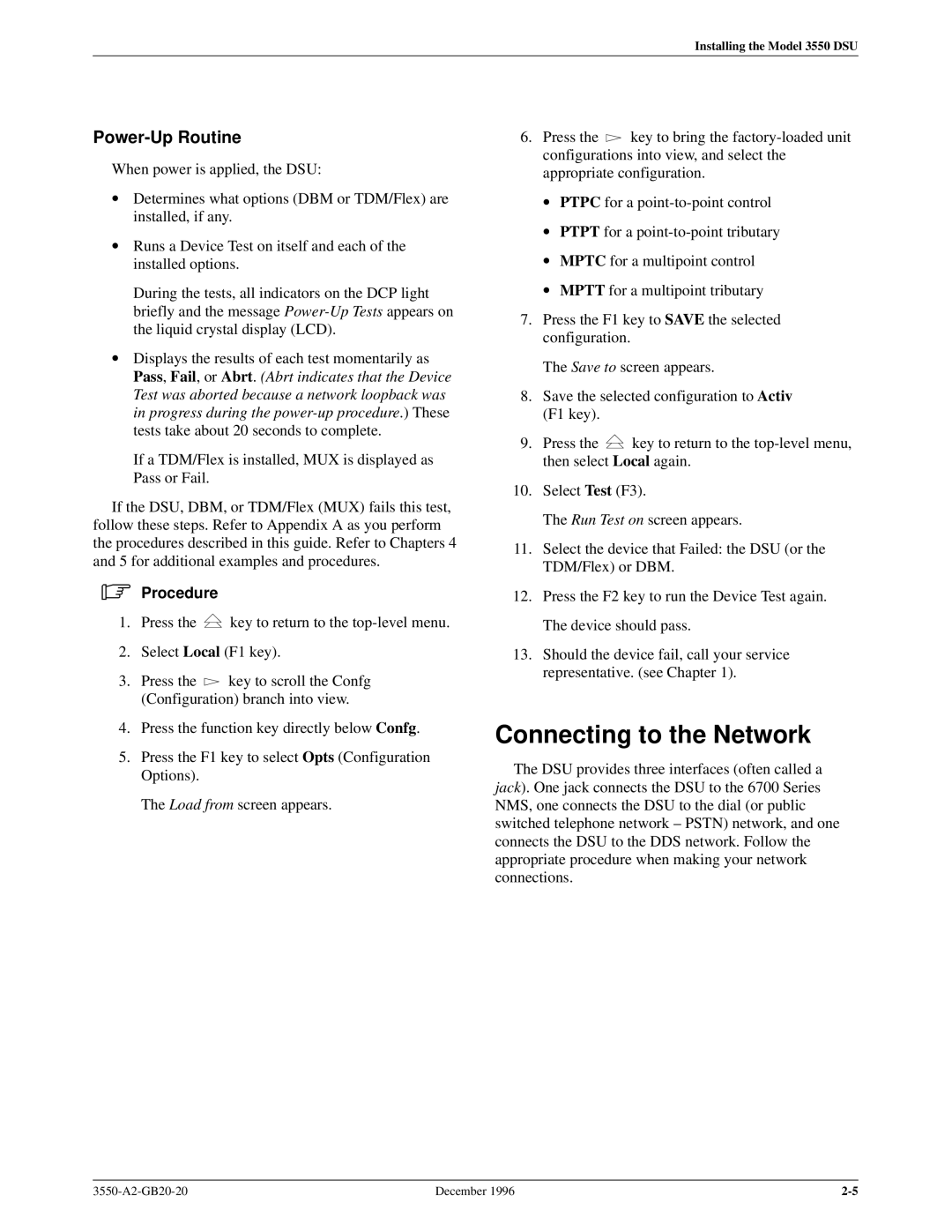 Paradyne 3551 manual Connecting to the Network, Power-Up Routine 