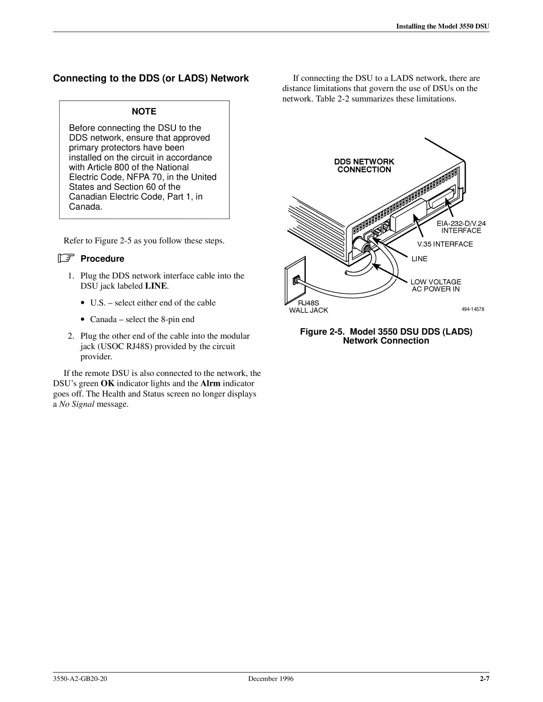 Paradyne 3551 manual Connecting to the DDS or Lads Network, Model 3550 DSU DDS Lads Network Connection 