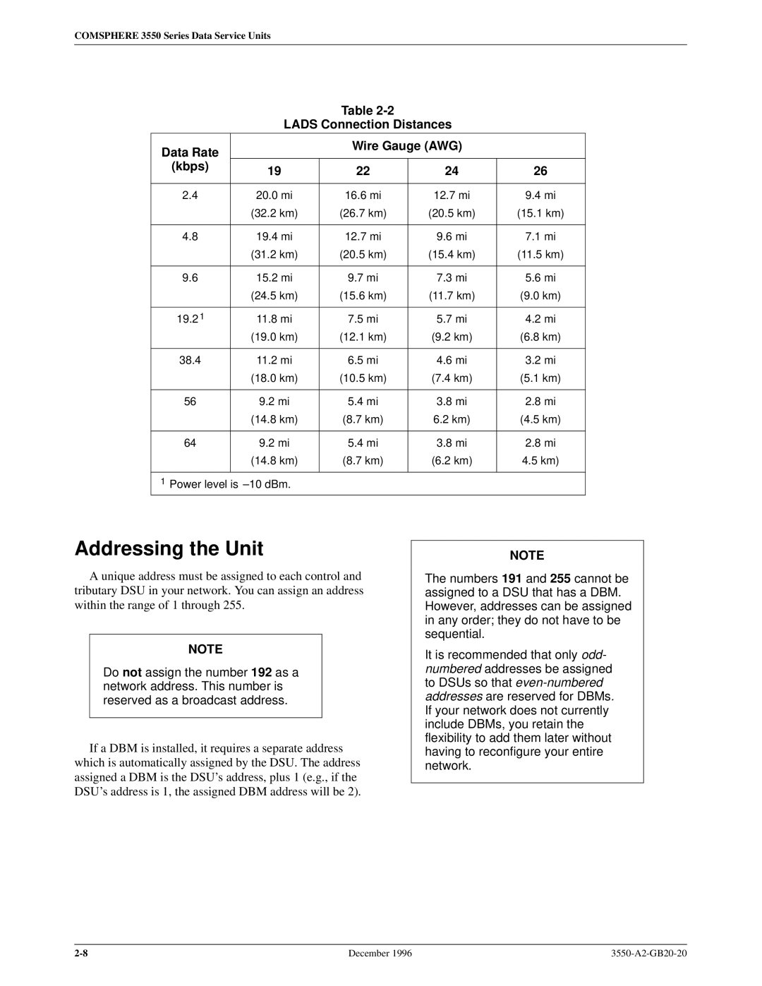 Paradyne 3551 manual Addressing the Unit, Lads Connection Distances Data Rate Wire Gauge AWG Kbps 