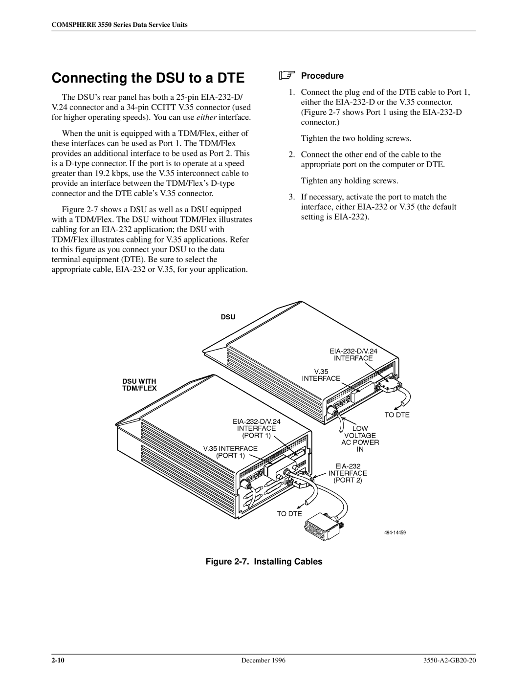 Paradyne 3551 manual Connecting the DSU to a DTE, Installing Cables 