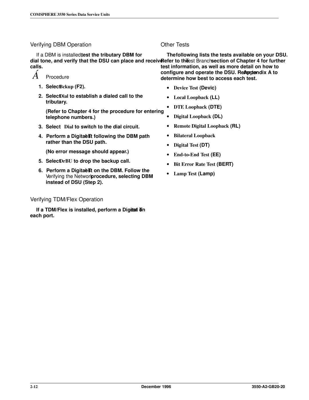 Paradyne 3551 manual Verifying DBM Operation, Verifying TDM/Flex Operation, Other Tests 