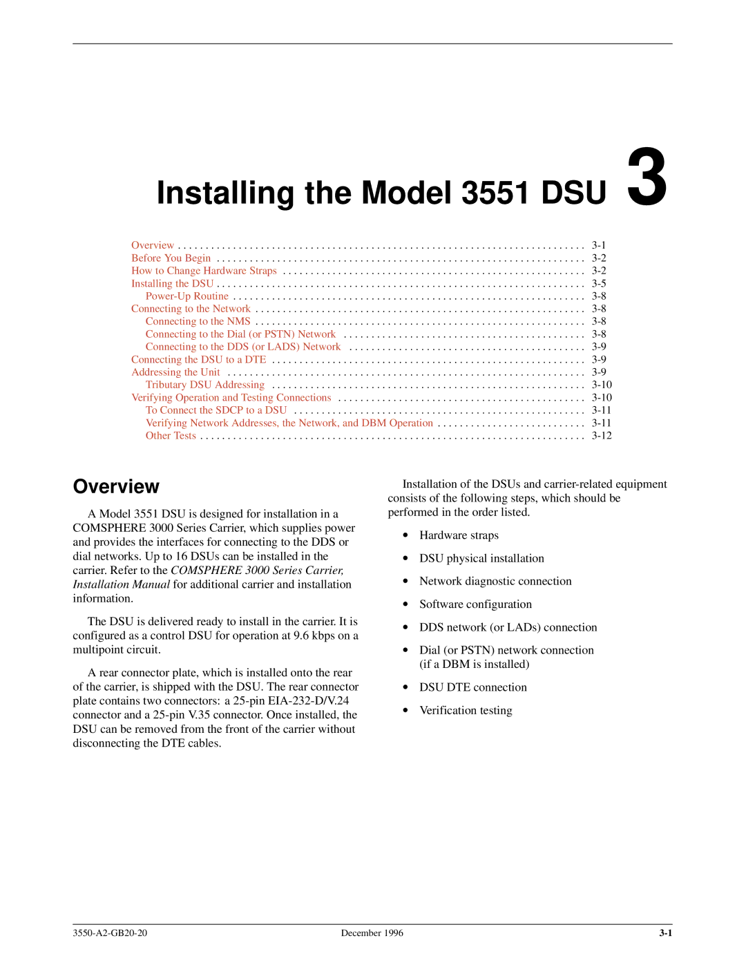 Paradyne manual Installing the Model 3551 DSU, Overview 