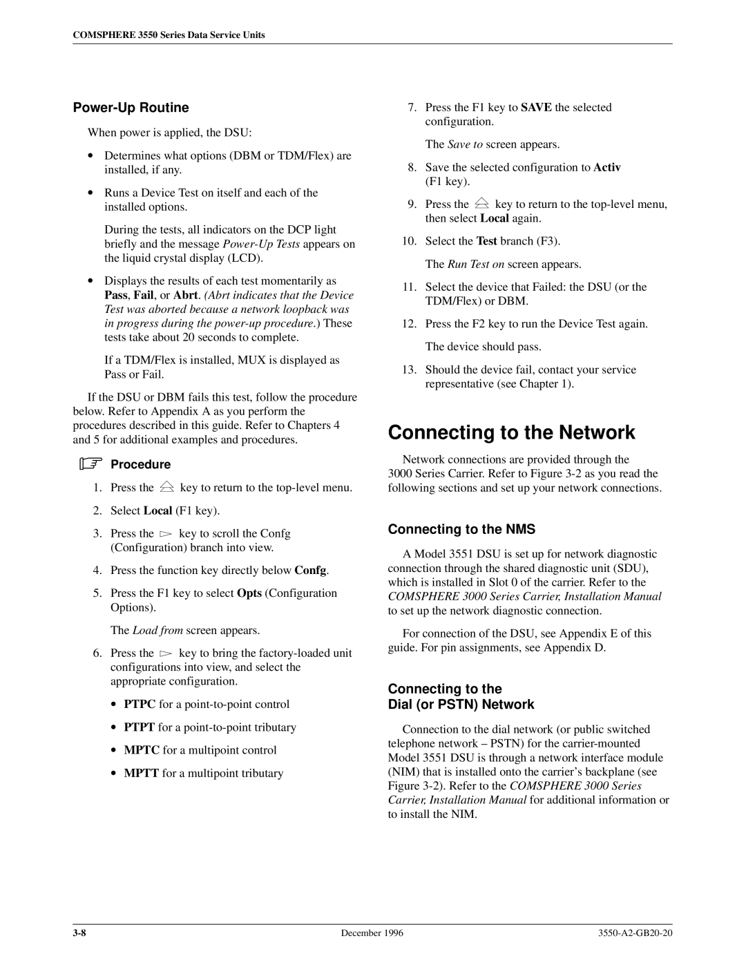 Paradyne 3551 manual Power-Up Routine, Connecting to Dial or Pstn Network 