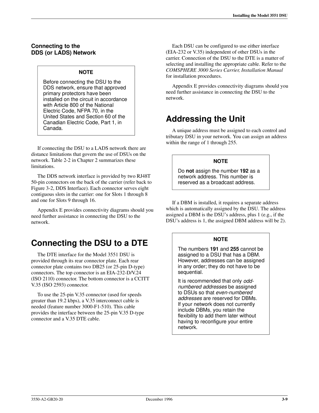 Paradyne 3551 manual Connecting the DSU to a DTE, Connecting to DDS or Lads Network 