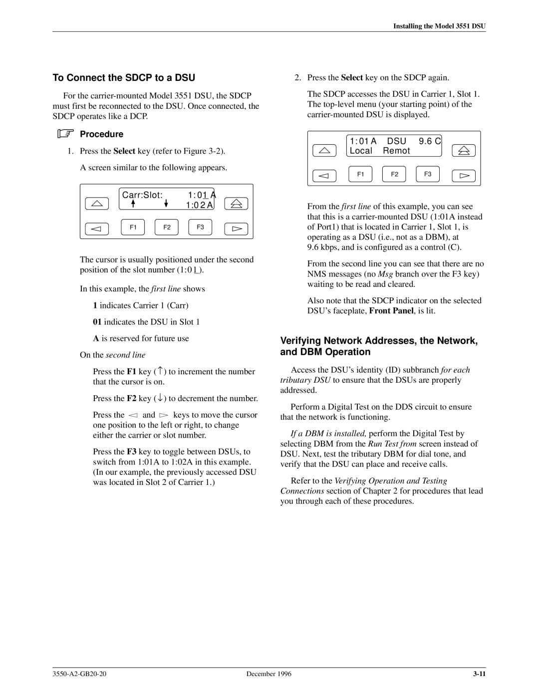 Paradyne 3551 manual To Connect the Sdcp to a DSU, Verifying Network Addresses, the Network, and DBM Operation 