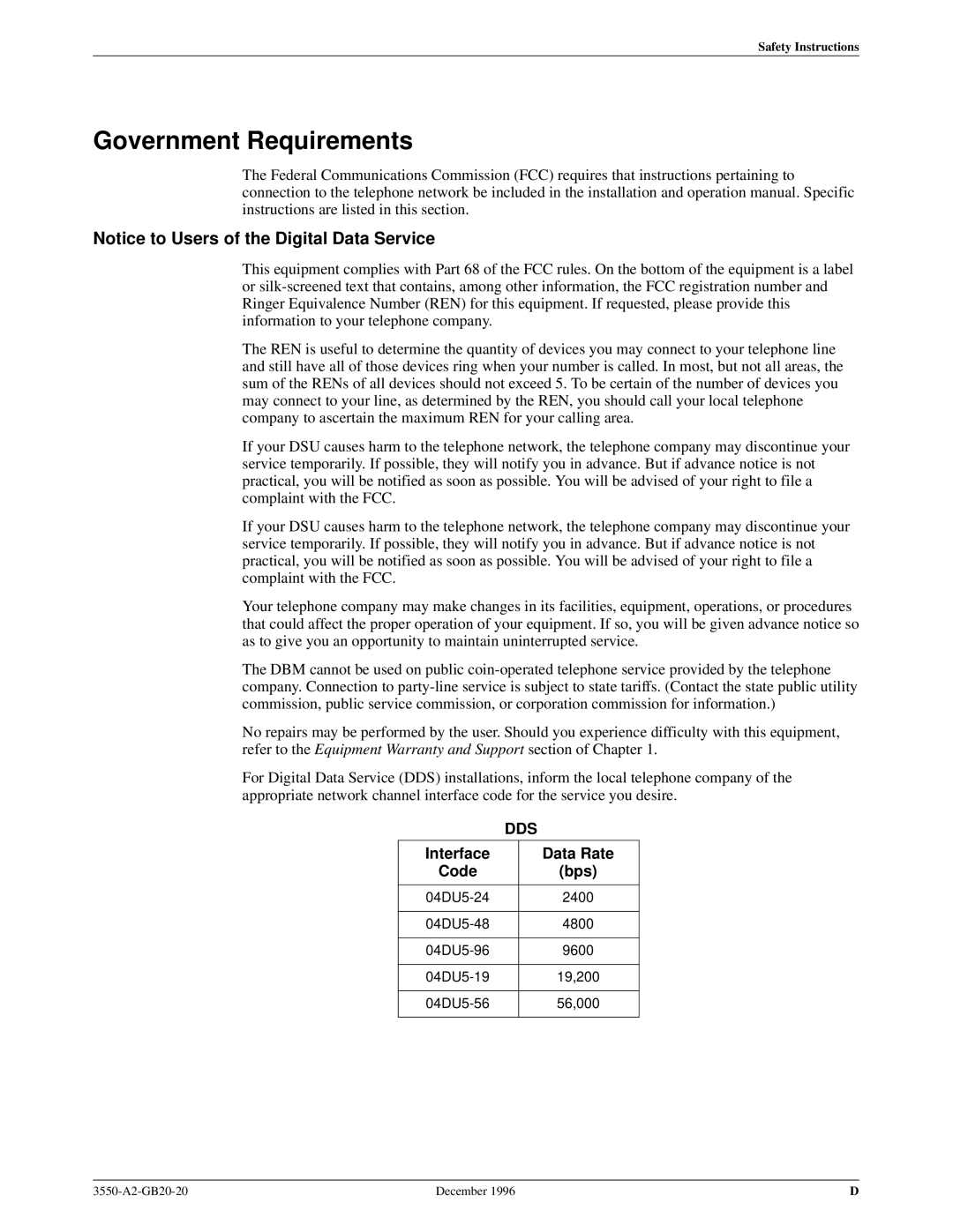 Paradyne 3551 manual Government Requirements, Interface Data Rate Code Bps 