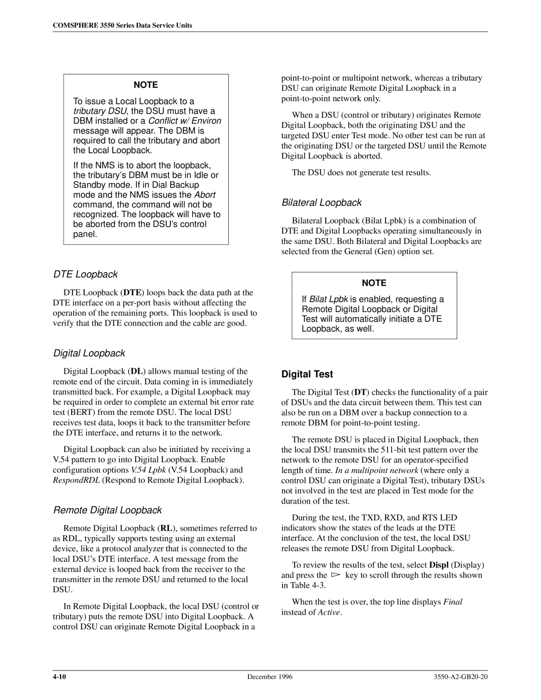 Paradyne 3551 manual Bilateral Loopback, DTE Loopback, Remote Digital Loopback, Digital Test 