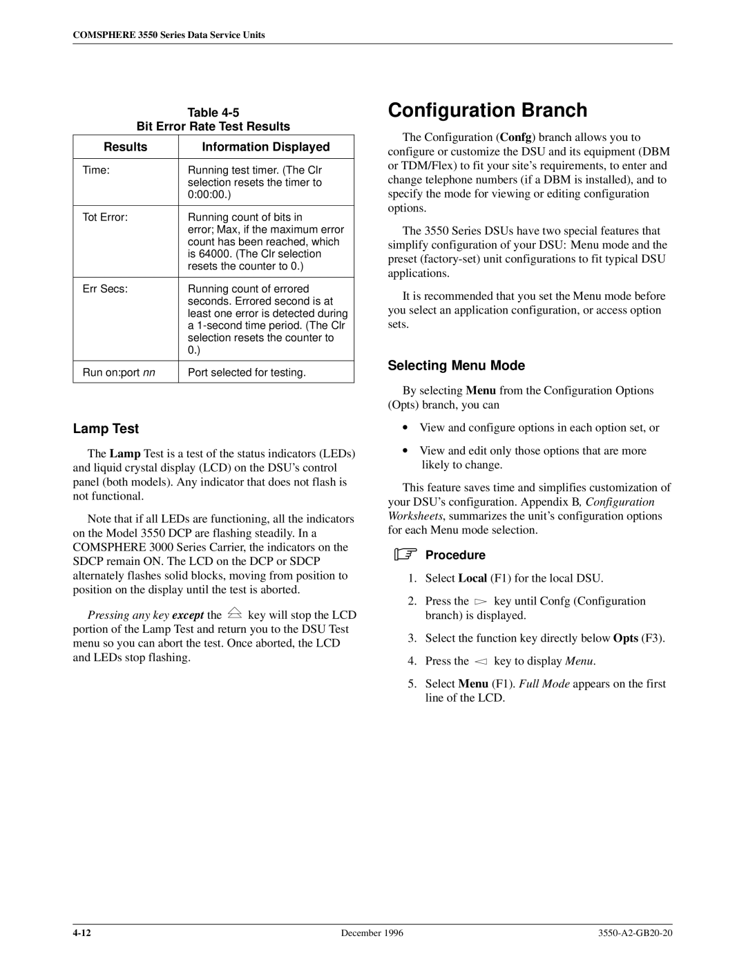 Paradyne 3551 Configuration Branch, Lamp Test, Selecting Menu Mode, Bit Error Rate Test Results Information Displayed 