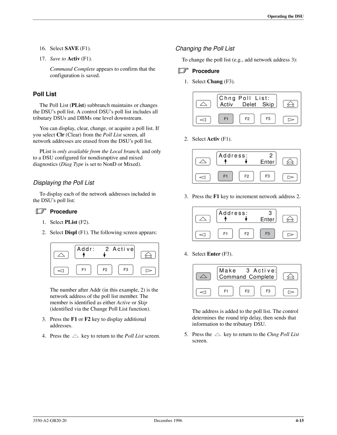 Paradyne 3551 manual Displaying the Poll List, Changing the Poll List 