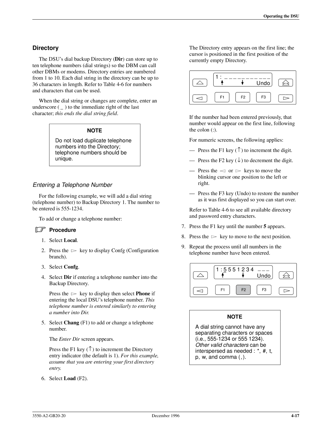 Paradyne 3551 manual Directory, Entering a Telephone Number 