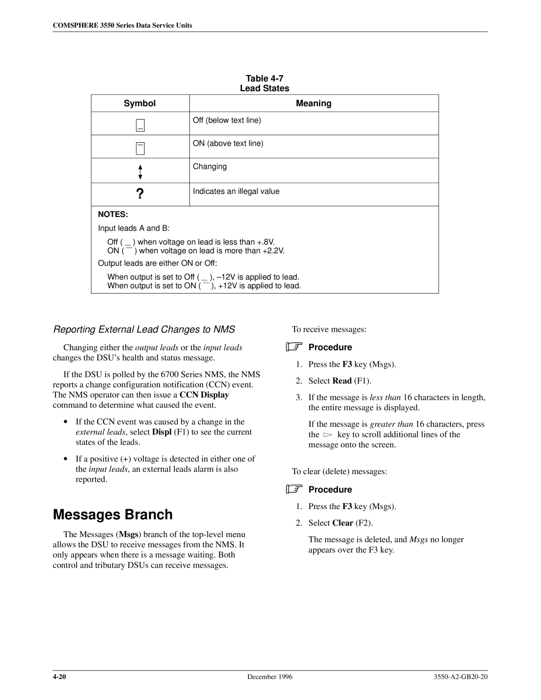 Paradyne 3551 manual Messages Branch, Reporting External Lead Changes to NMS, Lead States Symbol 