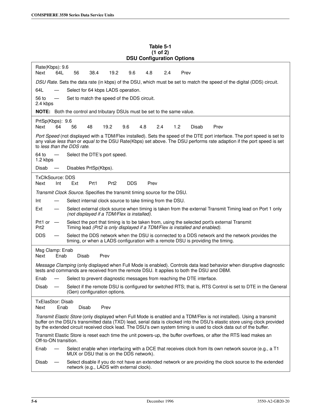 Paradyne 3551 manual DSU Configuration Options, Dds 