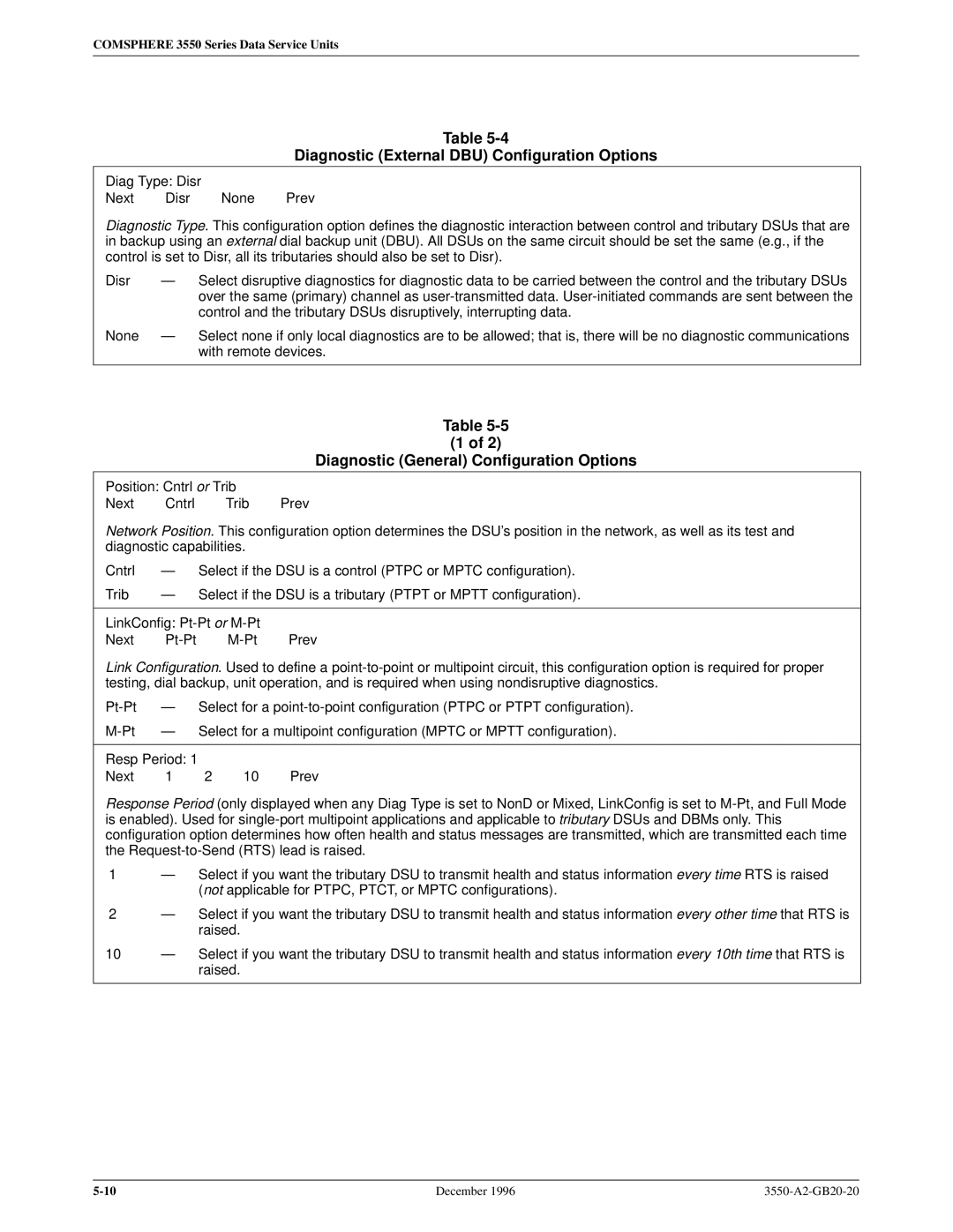 Paradyne 3551 manual Diagnostic External DBU Configuration Options, Diagnostic General Configuration Options 