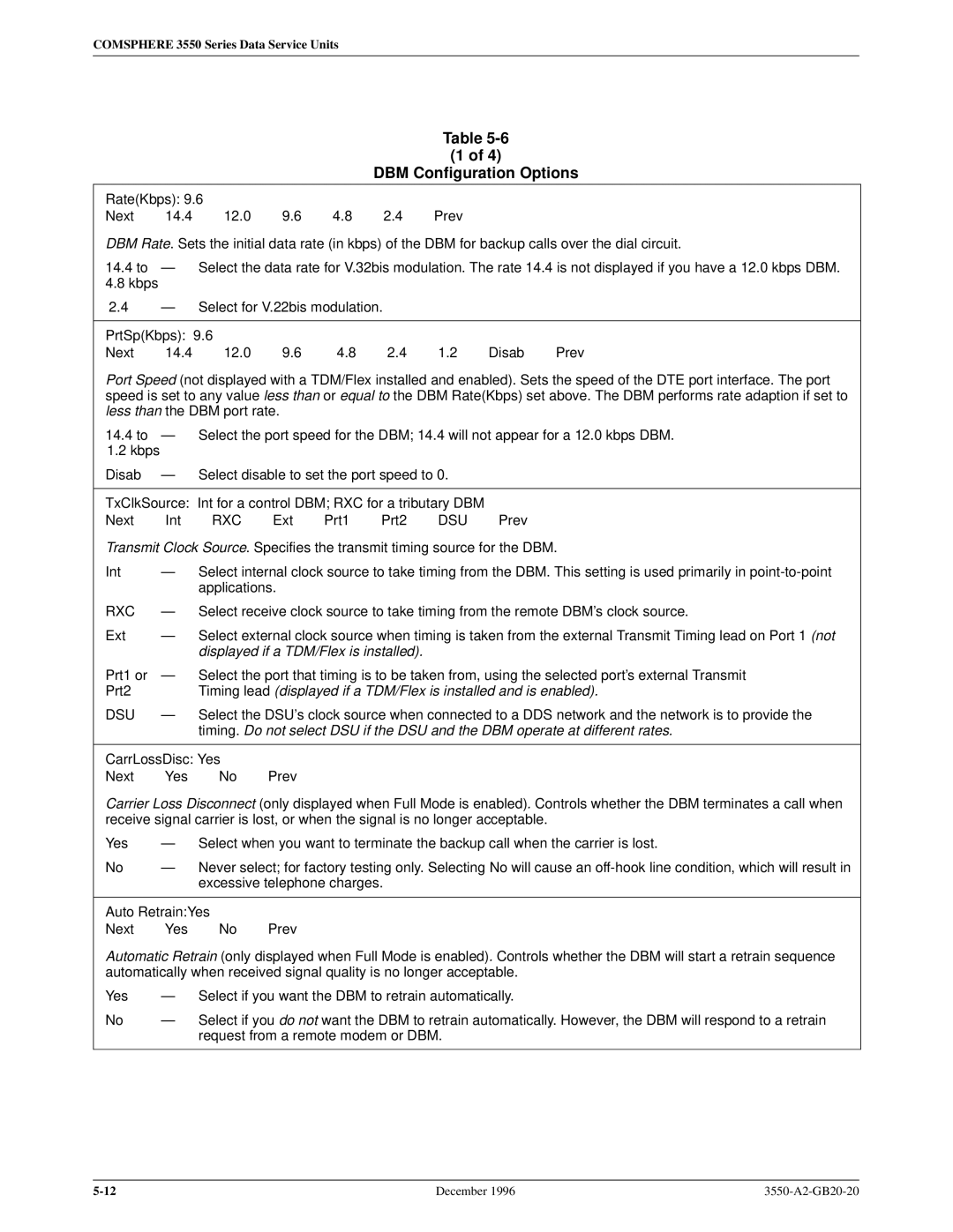 Paradyne 3551 manual DBM Configuration Options, Rxc 