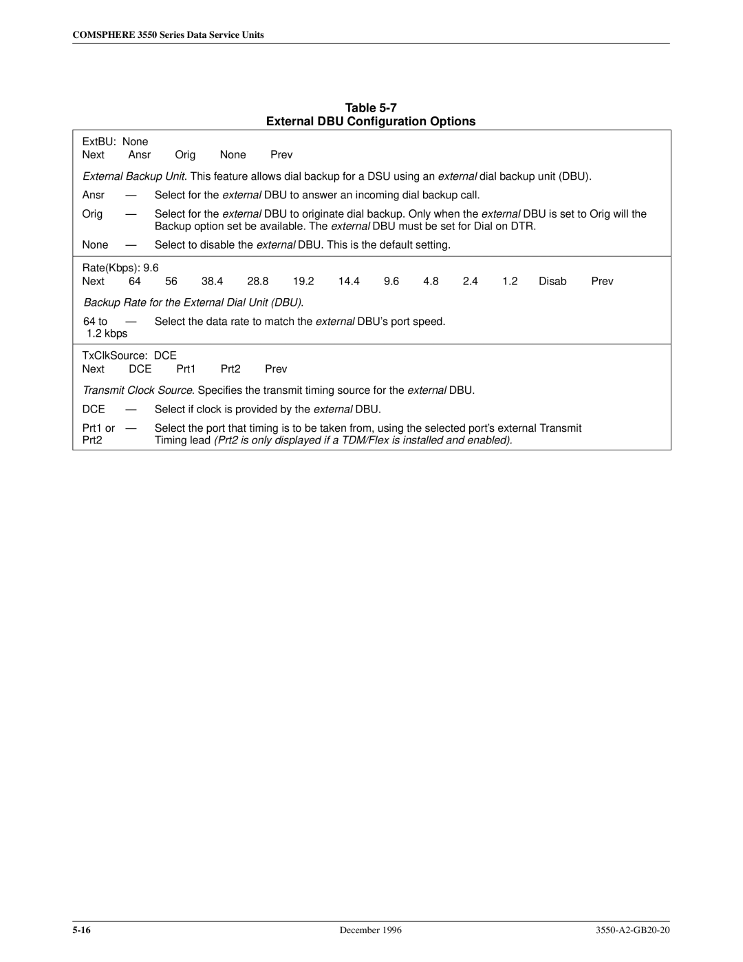 Paradyne 3551 manual External DBU Configuration Options, Dce 