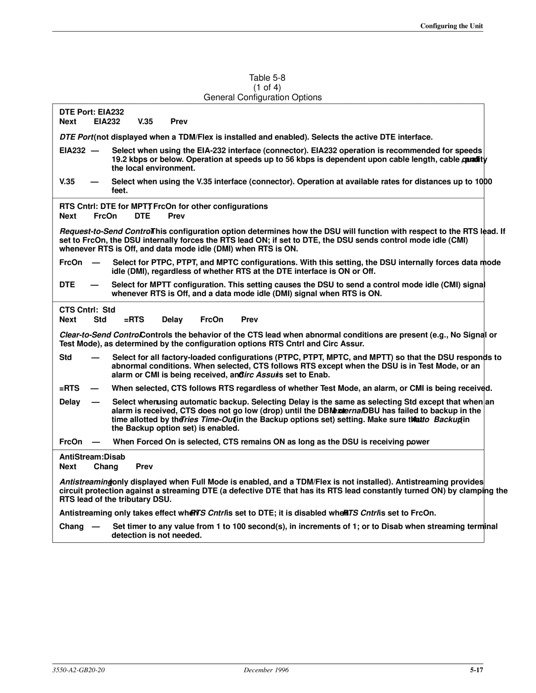 Paradyne 3551 manual General Configuration Options, Dte, =Rts 