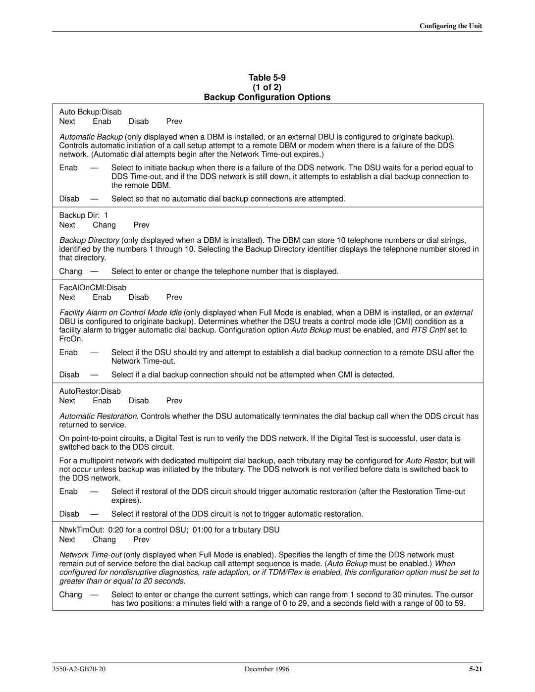 Paradyne 3551 manual Backup Configuration Options 