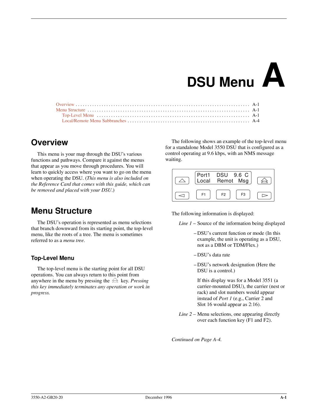 Paradyne 3551 manual DSU Menu a, Port1 DSU 9.6 C Local Remot Msg 