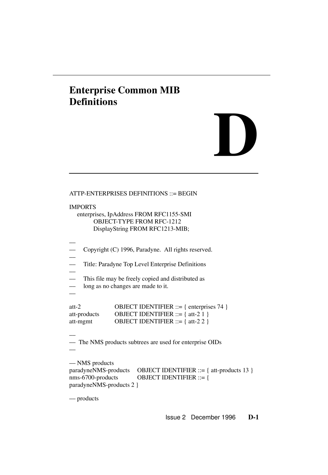 Paradyne 3700-A2-GB20-10 manual Enterprise Common MIB Definitions, ATTP-ENTERPRISES Definitions = Begin Imports 