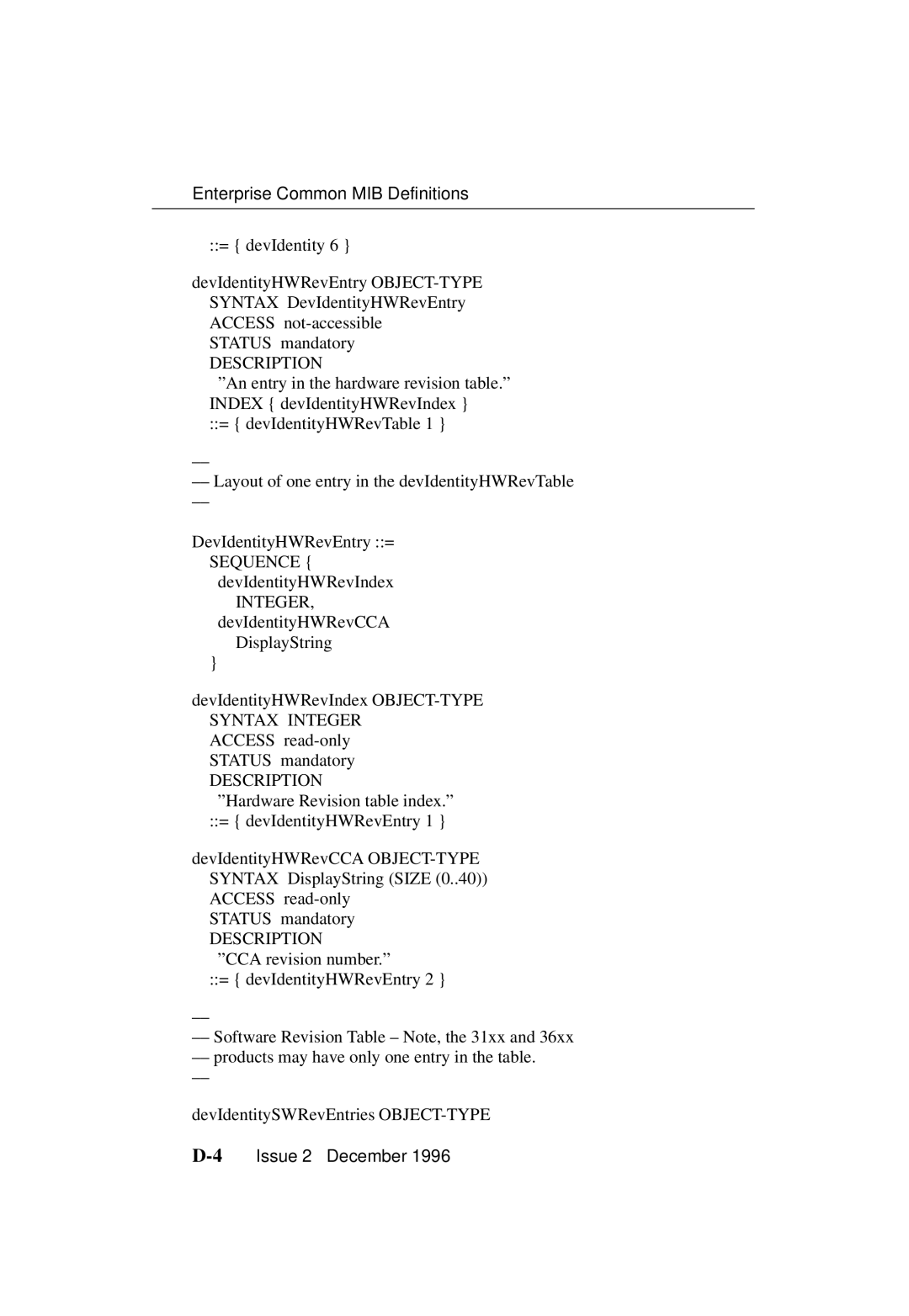 Paradyne 3700-A2-GB20-10 manual ºHardware Revision table index.º = devIdentityHWRevEntry 