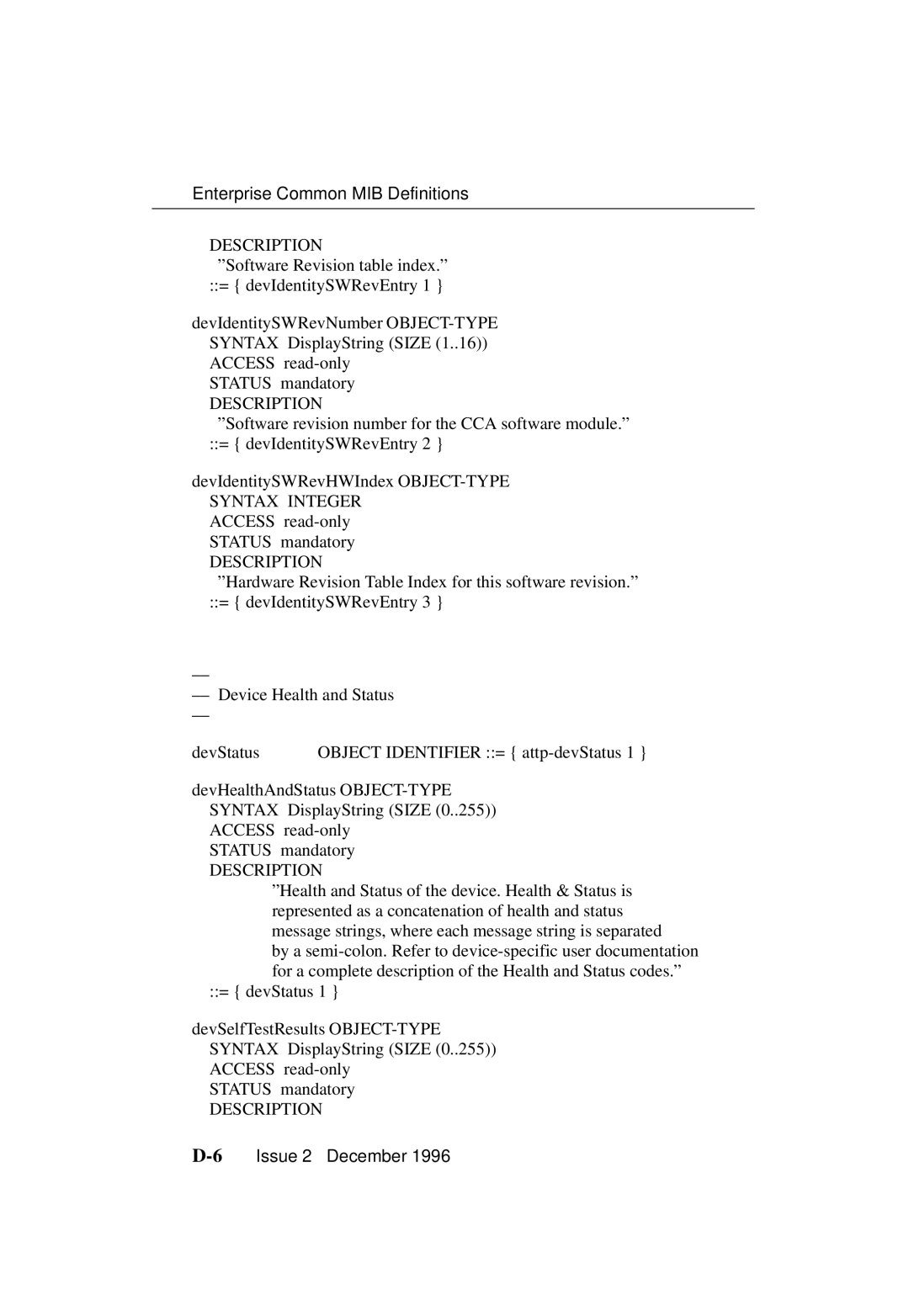 Paradyne 3700-A2-GB20-10 manual ºSoftware Revision table index.º = devIdentitySWRevEntry 