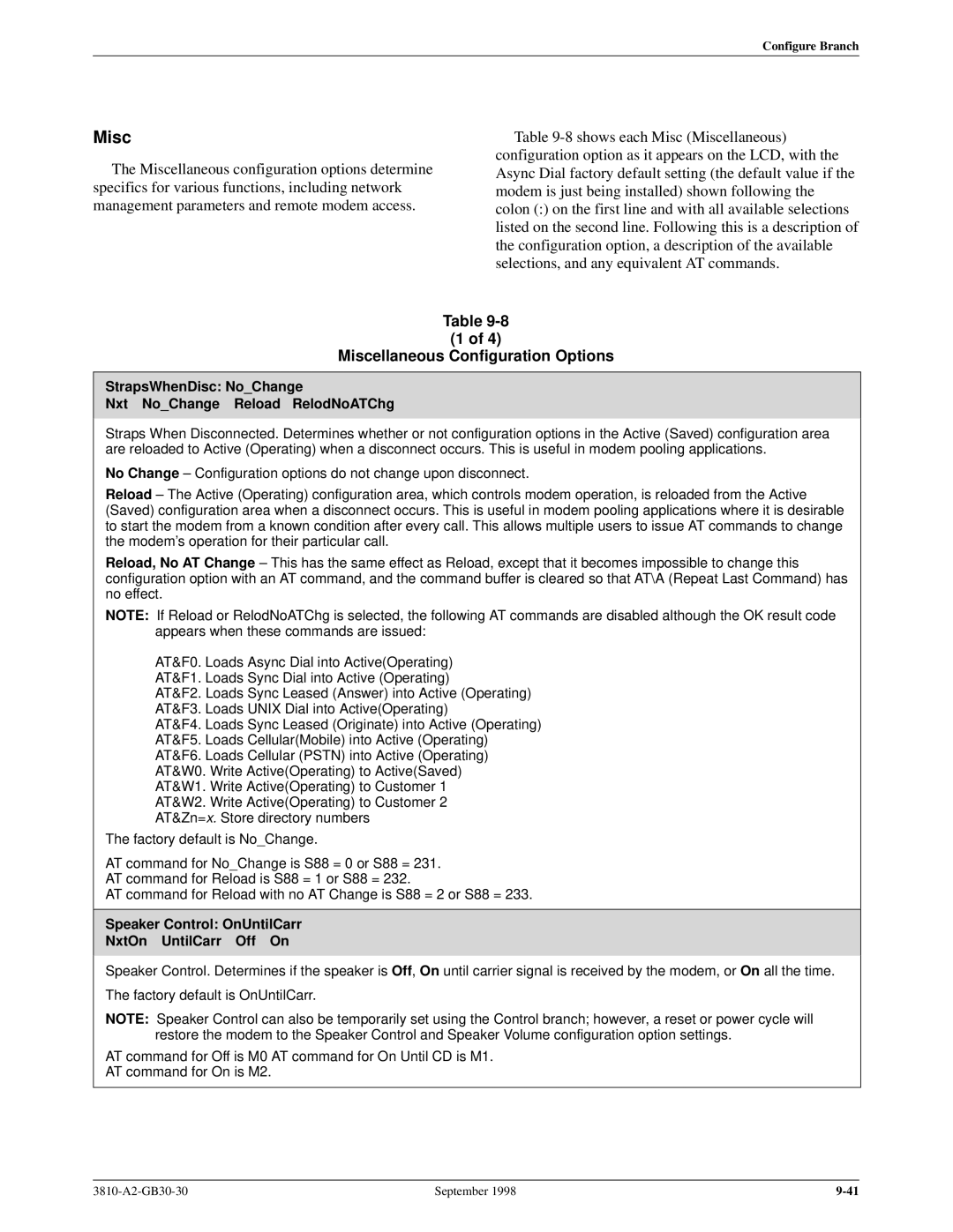 Paradyne 3800 manual Miscellaneous Configuration Options, StrapsWhenDisc NoChange Nxt NoChange Reload RelodNoATChg 