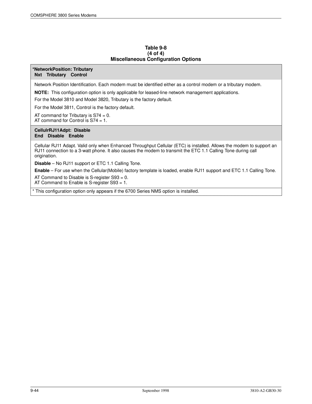 Paradyne 3800 manual NetworkPosition Tributary Nxt Tributary Control, CellulrRJ11Adpt Disable End Disable Enable 