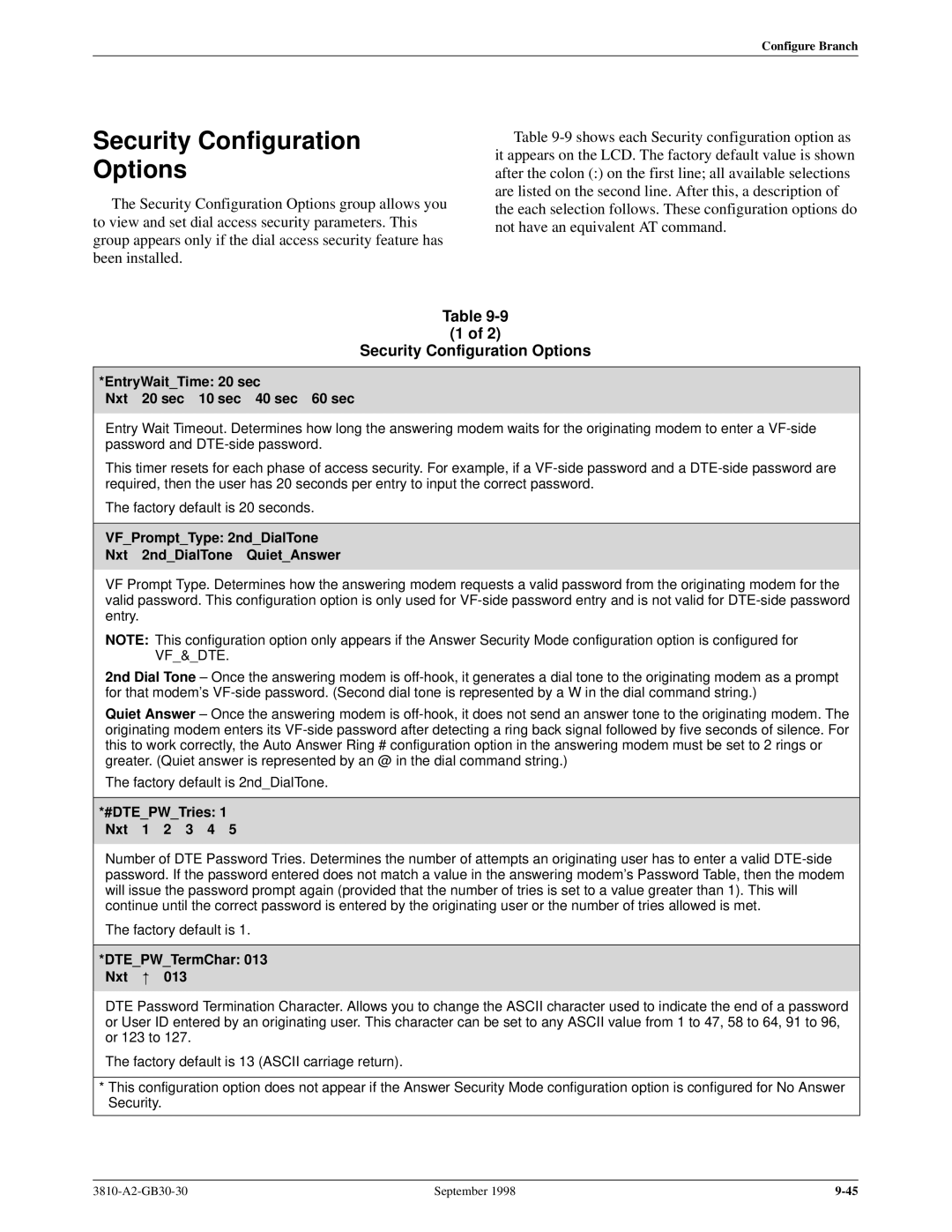 Paradyne 3800 manual Security Configuration Options 