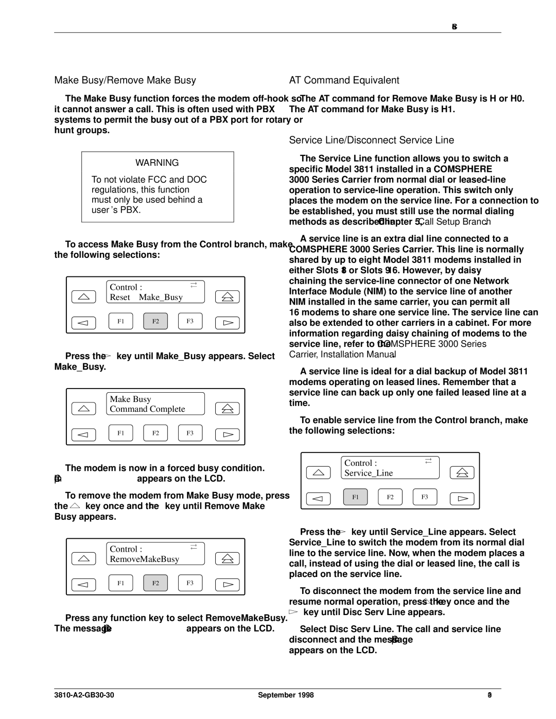 Paradyne 3800 manual Make Busy/Remove Make Busy, Service Line/Disconnect Service Line 