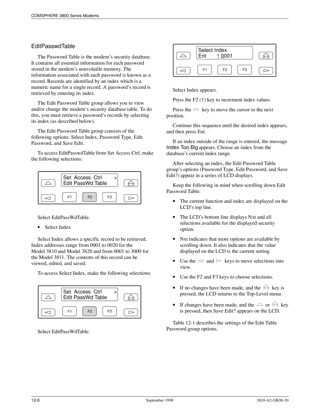 Paradyne 3800 manual EditPasswdTable, Select Index Ent 