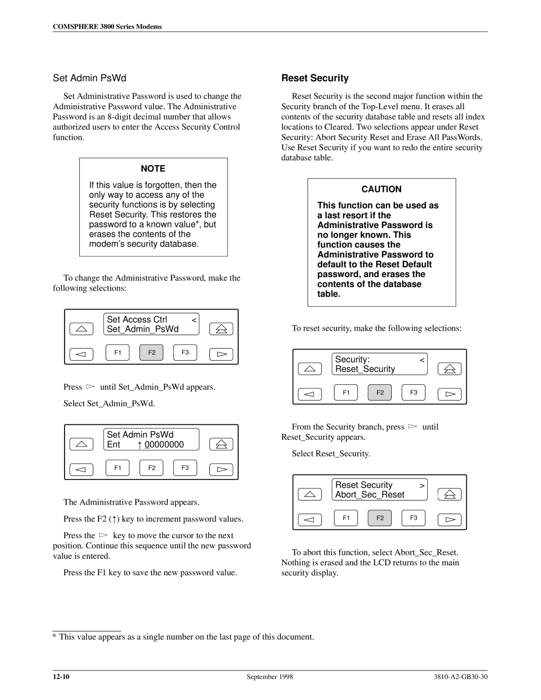 Paradyne 3800 manual Reset Security, Set Access Ctrl SetAdminPsWd, Set Admin PsWd Ent, Security ResetSecurity 