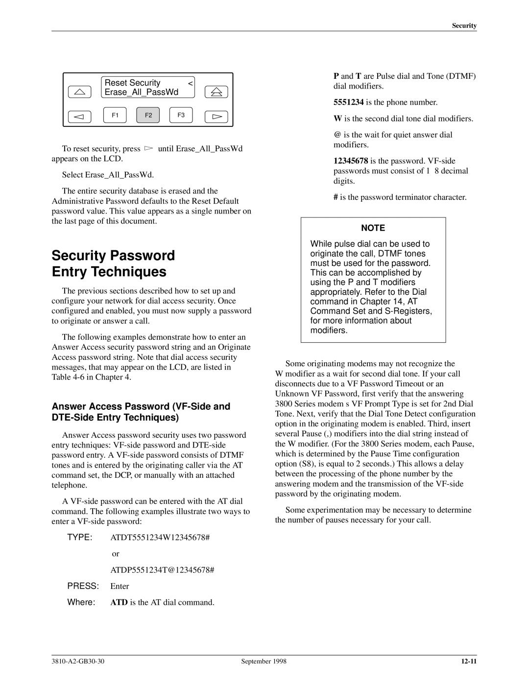 Paradyne 3800 manual Security Password Entry Techniques, Reset Security EraseAllPassWd 