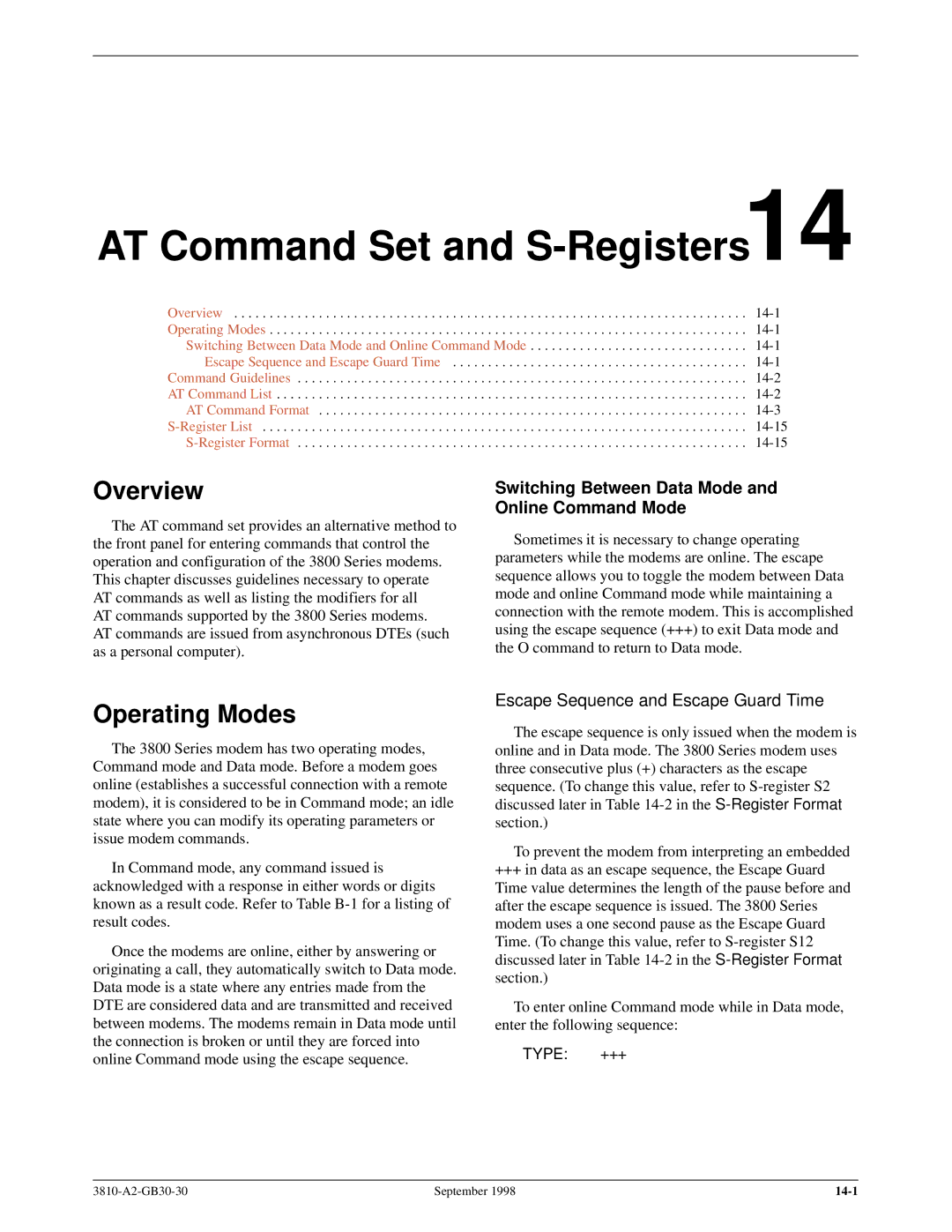 Paradyne 3800 manual AT Command Set and S-Registers14, Operating Modes, Switching Between Data Mode and Online Command Mode 