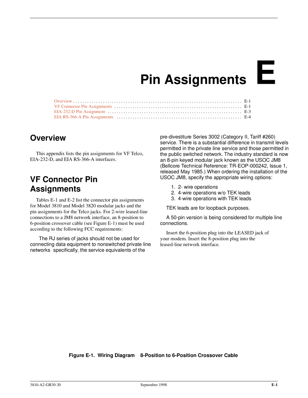 Paradyne 3800 manual Pin Assignments E, VF Connector Pin Assignments 