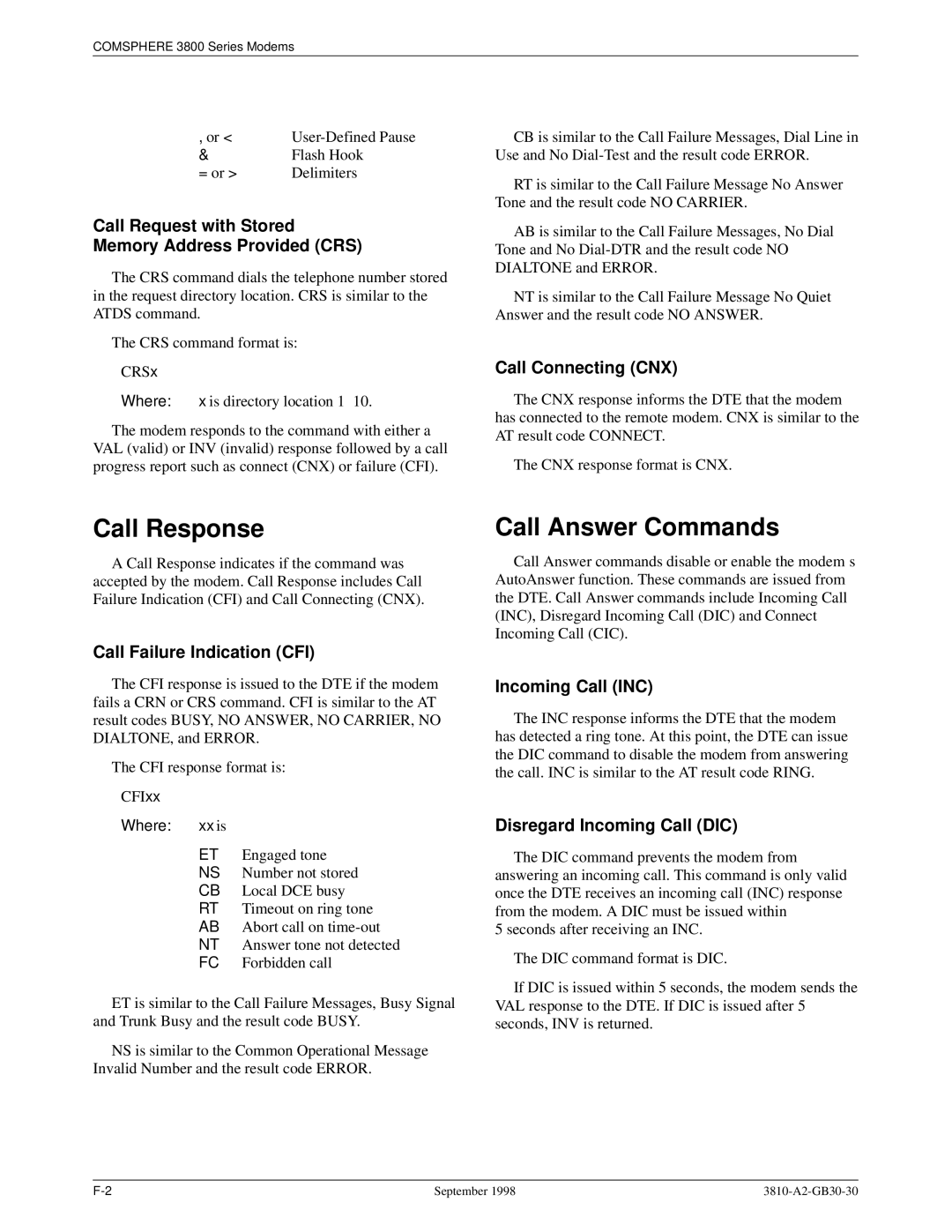 Paradyne 3800 manual Call Response, Call Answer Commands 