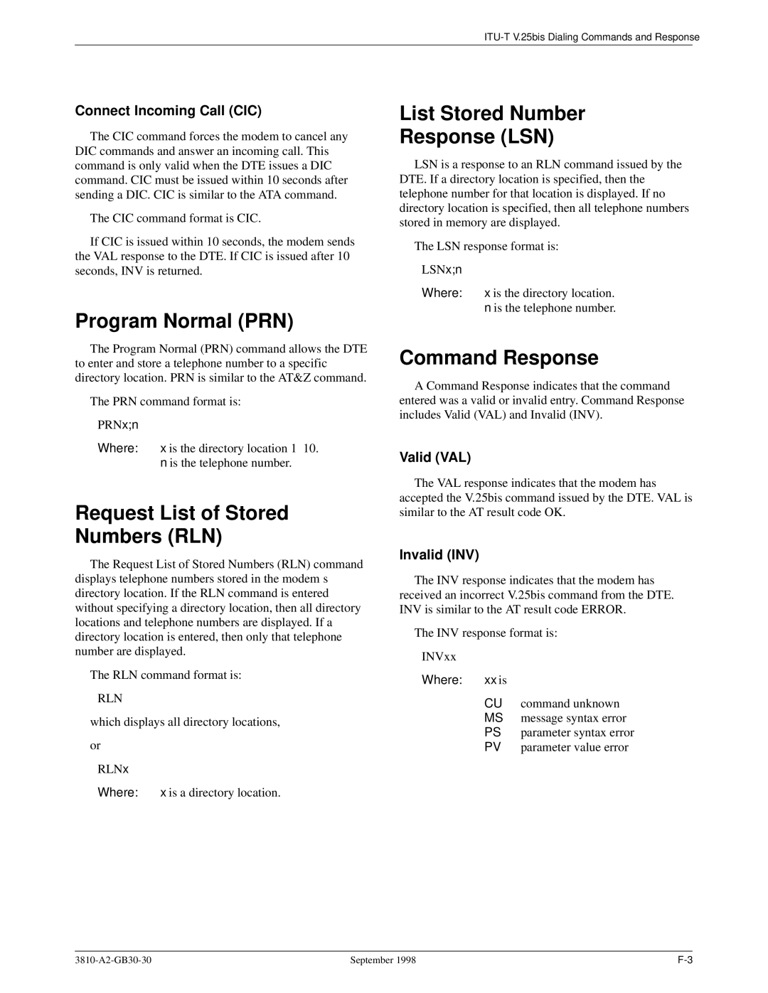 Paradyne 3800 Program Normal PRN, Request List of Stored Numbers RLN, List Stored Number Response LSN, Command Response 