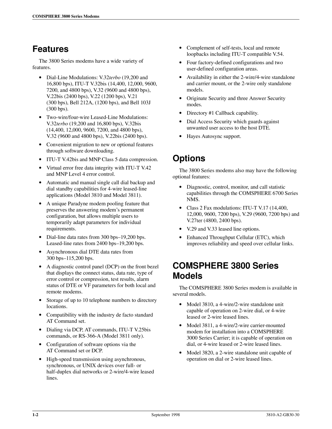 Paradyne manual Features, Options, Comsphere 3800 Series Models 