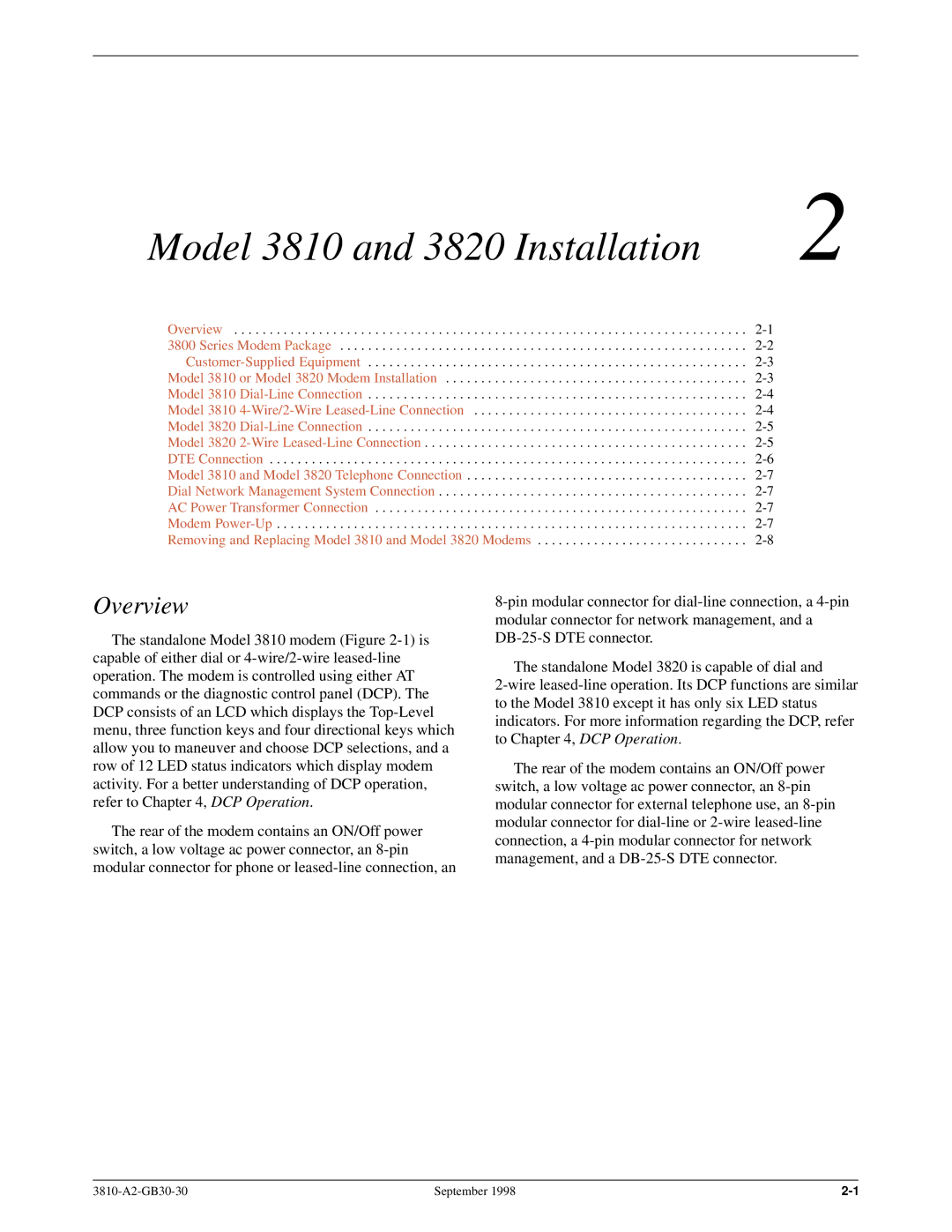 Paradyne 3800 manual Model 3810 and 3820 Installation 