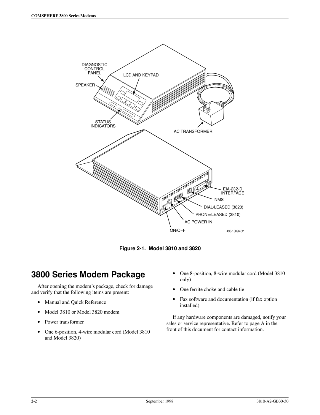 Paradyne 3800 manual Series Modem Package, Model 3810 