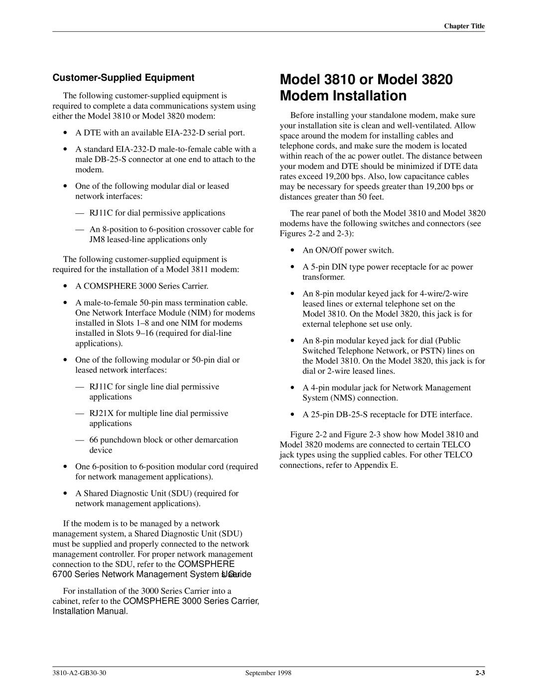 Paradyne 3800 manual Model 3810 or Model 3820 Modem Installation, Customer-Supplied Equipment 