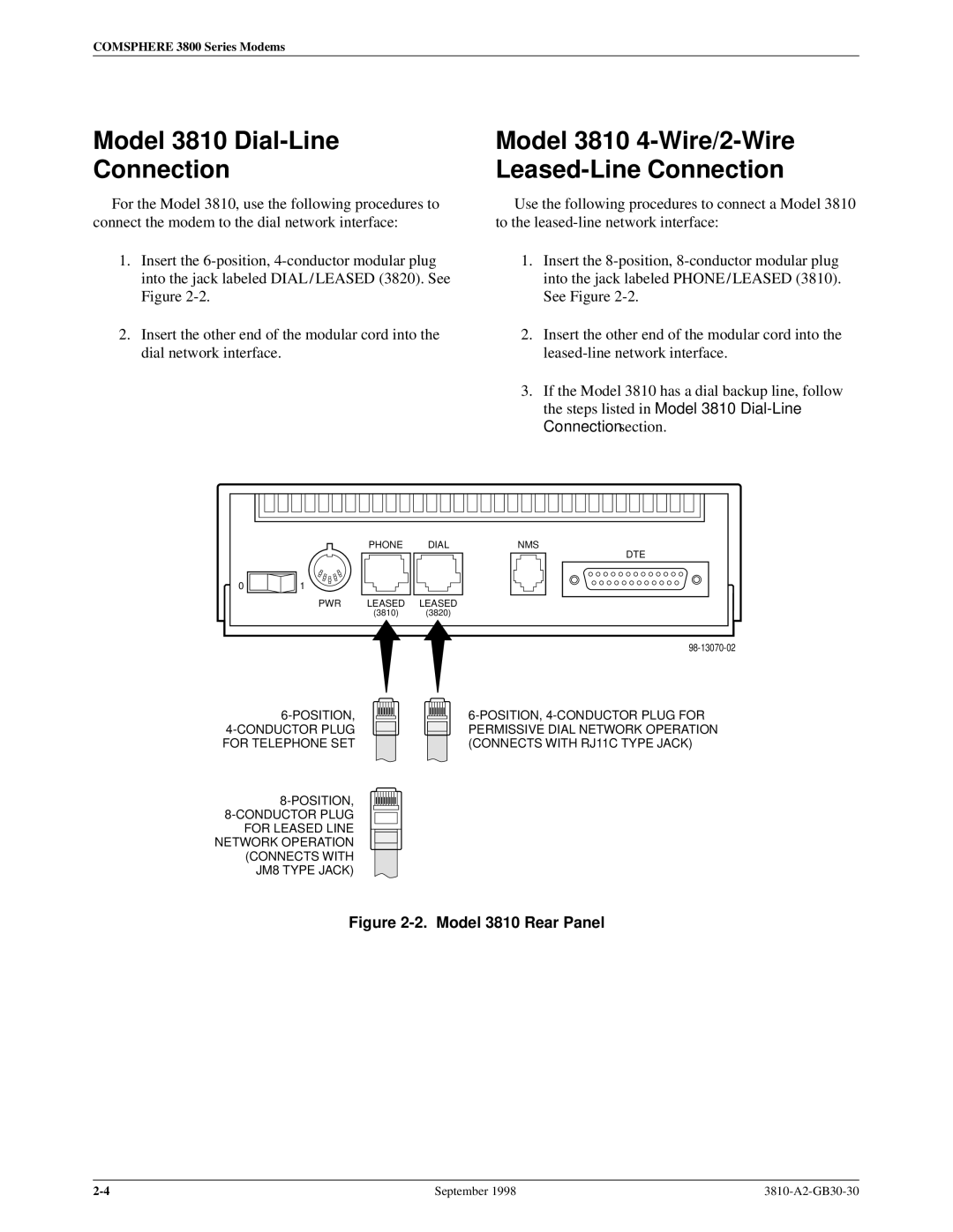 Paradyne 3800 manual Model 3810 Dial-Line Connection, Model 3810 4-Wire/2-Wire Leased-Line Connection 