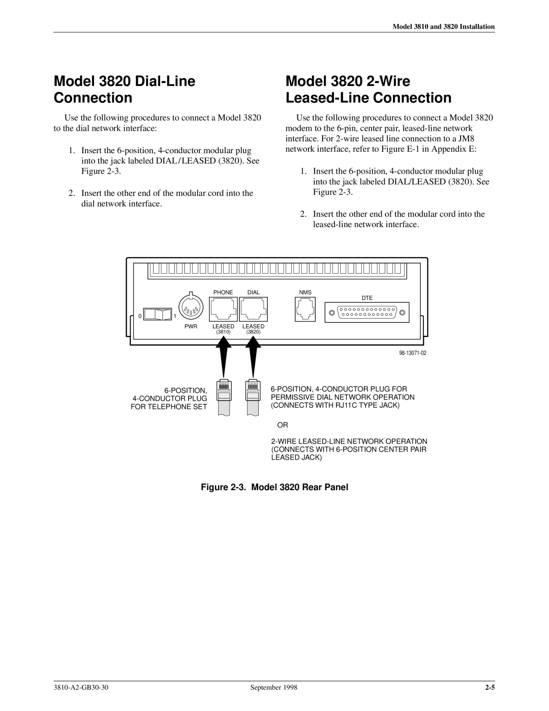 Paradyne 3800 manual Model 3820 Dial-Line Connection, Model 3820 2-Wire Leased-Line Connection 