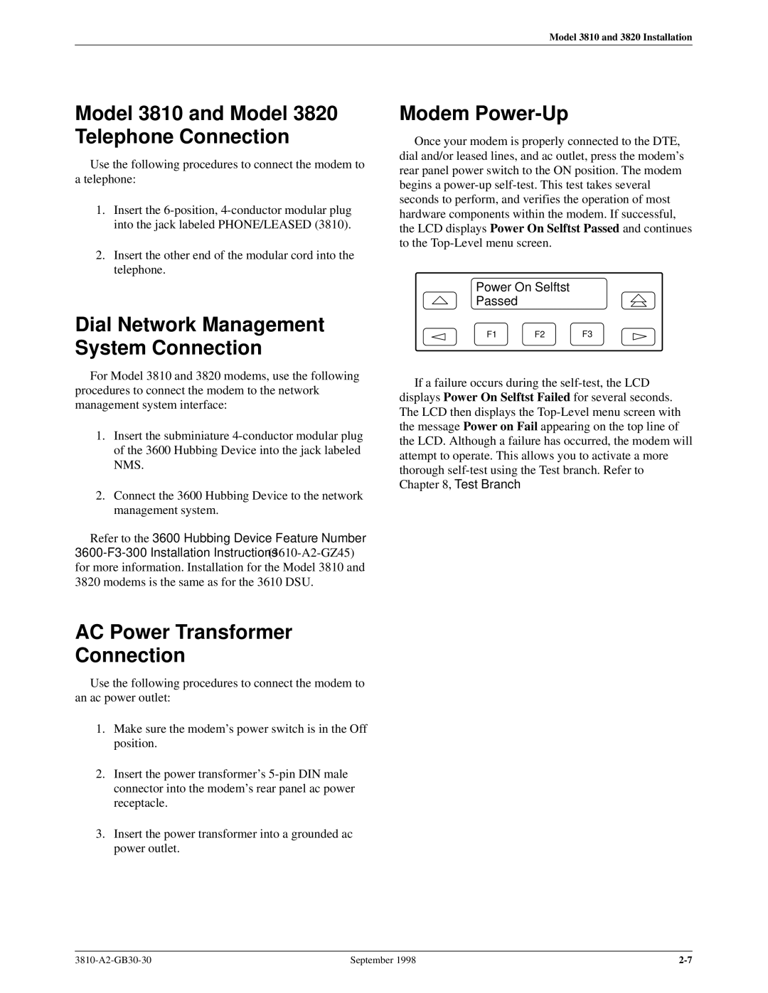 Paradyne 3800 Model 3810 and Model 3820 Telephone Connection, Dial Network Management System Connection, Modem Power-Up 